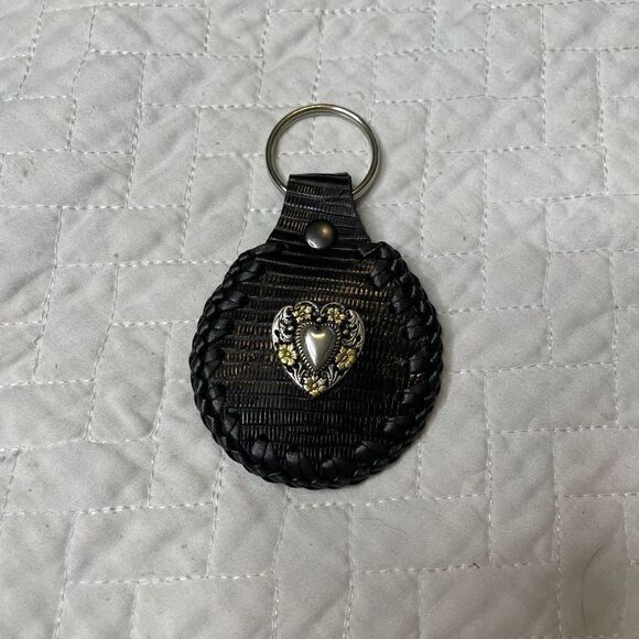 Handmade Custom Black Leather Keychain w/ Silver & Gold Tone Heart Insert - OS - Picture 1 of 2